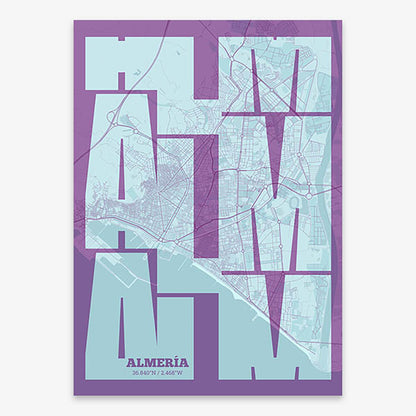 Poster of Almeria composed with letters from its abbreviation or its airport IATA code printed on purple and light blue