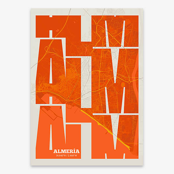 Poster of Almeria composed with letters from its abbreviation or its airport IATA code printed on orange and an off-white background