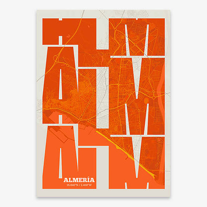 Poster of Almeria composed with letters from its abbreviation or its airport IATA code printed on orange and an off-white background