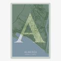 The map of Almeria in Classic design, inspired by chiseled typography with an elegant font that creates a beautiful visual contrast designed in two green tones