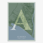 The map of Almeria in Classic design, inspired by chiseled typography with an elegant font that creates a beautiful visual contrast designed in two green tones