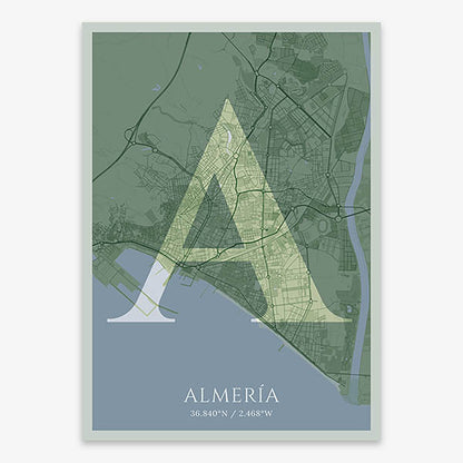 Decorative map of Almeria composed with letters in serif font printed on two green tones