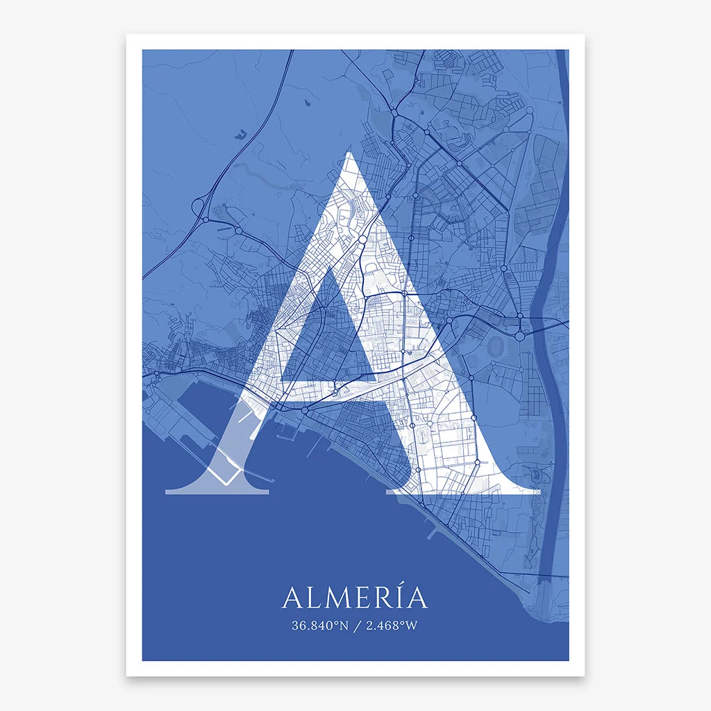 Decorative map of Almeria composed with letters in serif font printed on navy blue and white