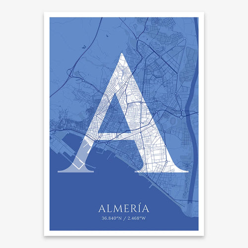 Mapa de Almería en el diseño La Clásica, inspirado en la tipografía cincelada con una fuente elegante que crea un bonito contraste visual diseñado en azul marino y blanco