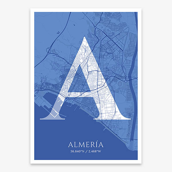 Decorative map of Almeria composed with letters in serif font printed on navy blue and white