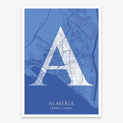 Decorative map of Almeria composed with letters in serif font printed on navy blue and white