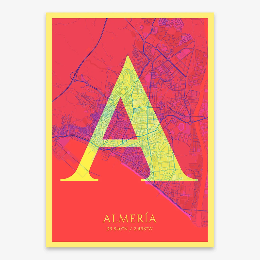 Decorative map of Almeria composed with letters in serif font printed on yellow and fuchsia