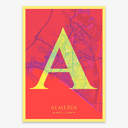 Decorative map of Almeria composed with letters in serif font printed on yellow and fuchsia
