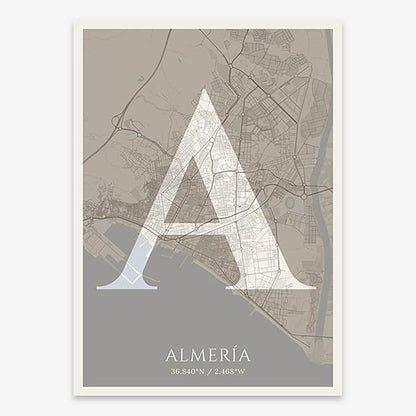 Decorative map of Almeria composed with letters in serif font printed on light brown and an off-white background