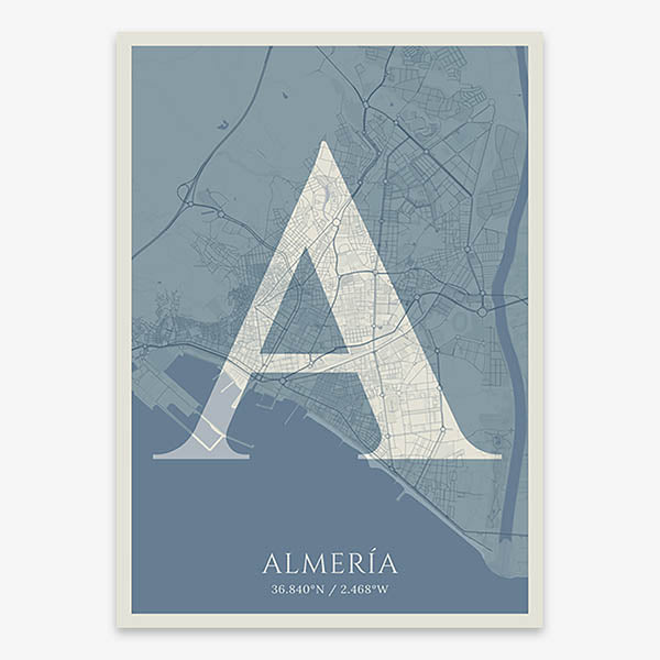 Decorative map of Almeria composed with letters in serif font printed on bluish gray and an off-white background
