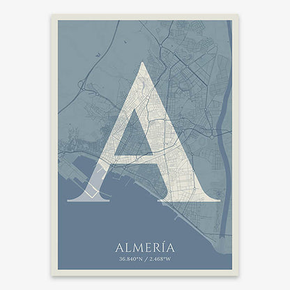 Decorative map of Almeria composed with letters in serif font printed on bluish gray and an off-white background