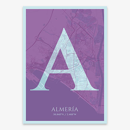 Decorative map of Almeria composed with letters in serif font printed on purple and light blue
