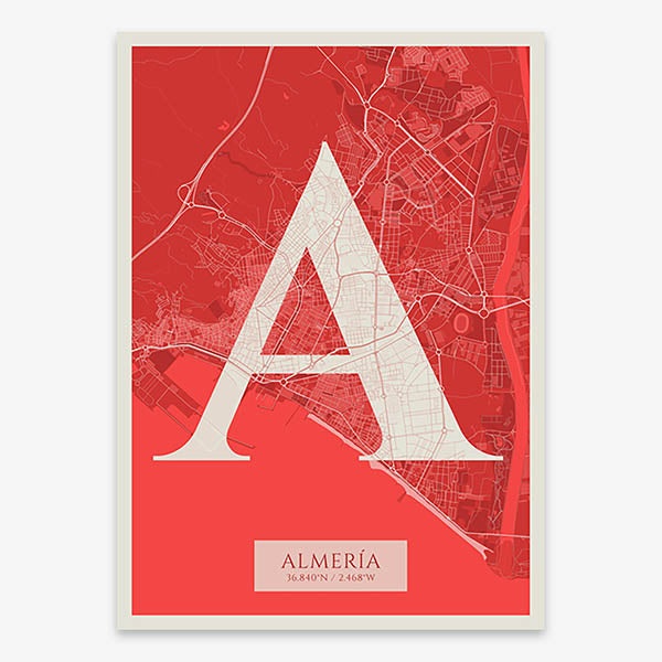 Decorative map of Almeria composed with letters in serif font printed on red and an off-white background