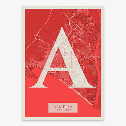 Decorative map of Almeria composed with letters in serif font printed on red and an off-white background