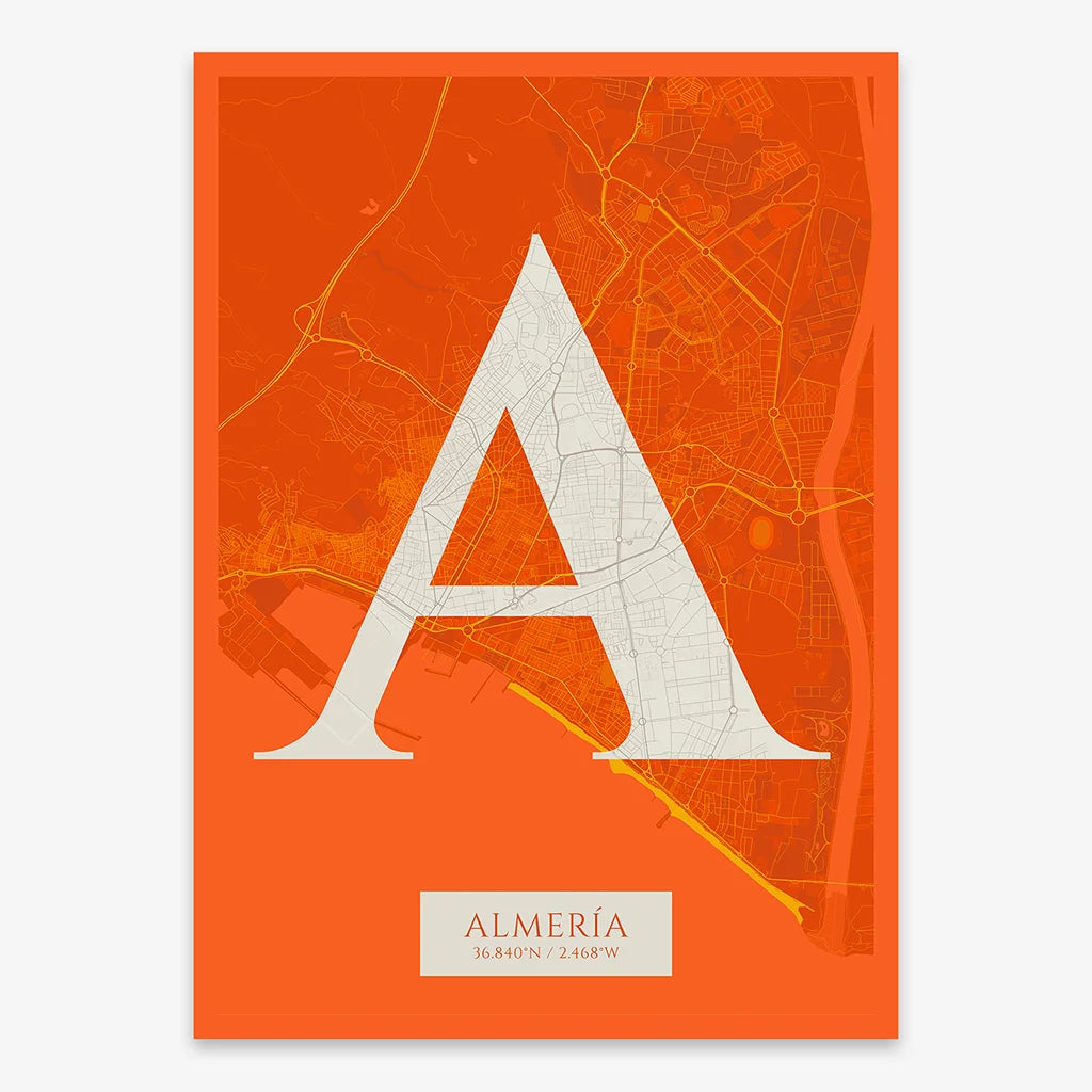 Decorative map of Almeria composed with letters in serif font printed on orange and an off-white background