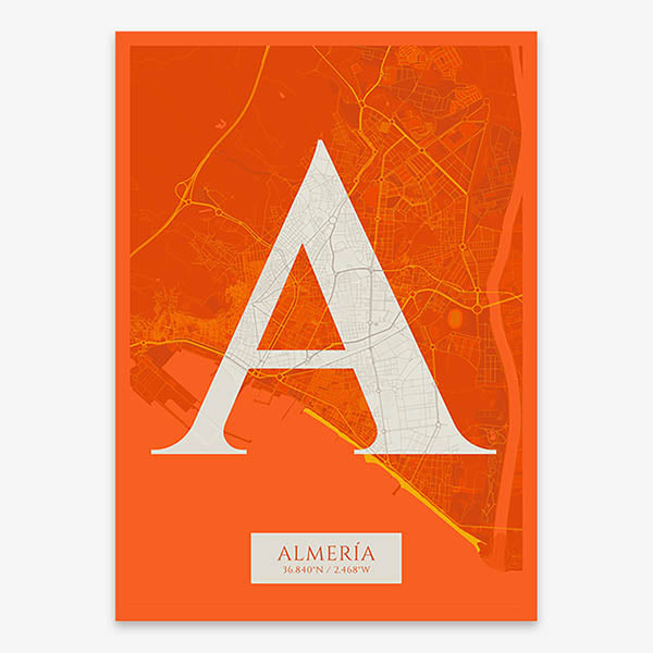 Decorative map of Almeria composed with letters in serif font printed on orange and an off-white background