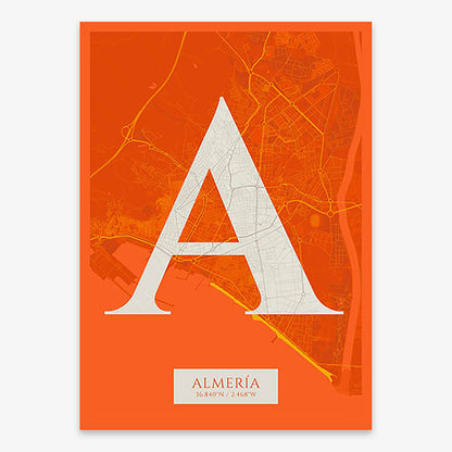 Decorative map of Almeria composed with letters in serif font printed on orange and an off-white background