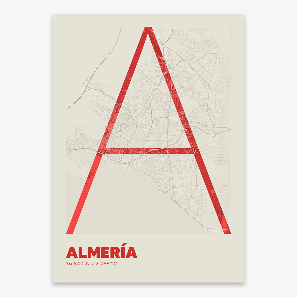 Poster of Almeria composed with letters in extra light font printed on red and an off-white background