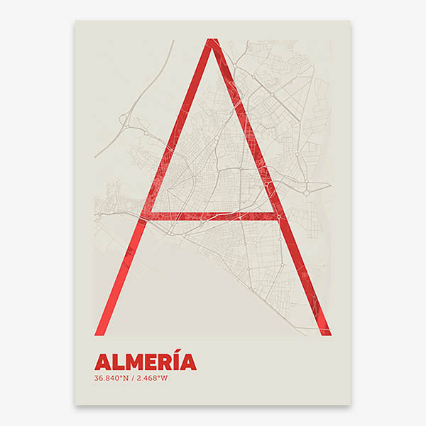 Poster of Almeria composed with letters in extra light font printed on red and an off-white background