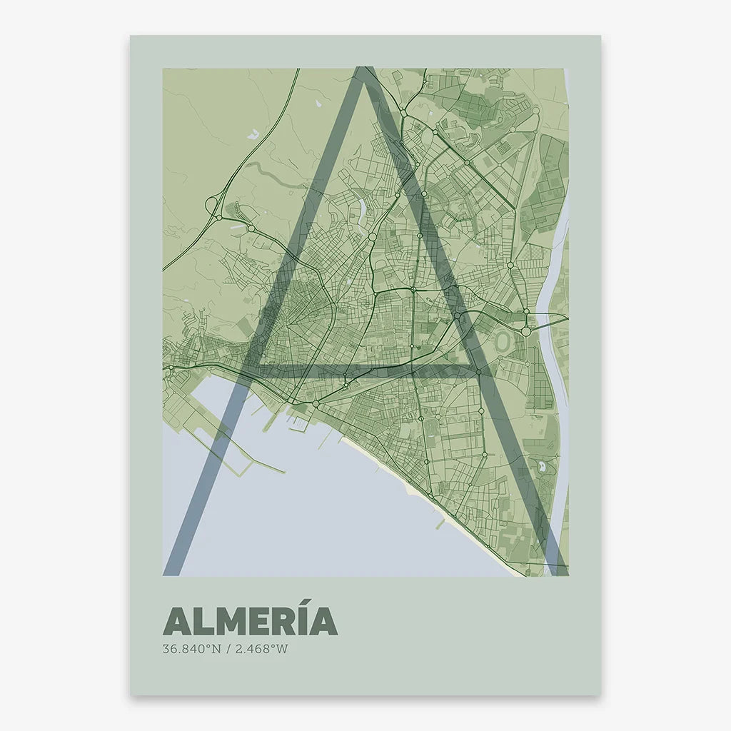 Poster of Almeria composed with letters in extra light font printed on two green tones