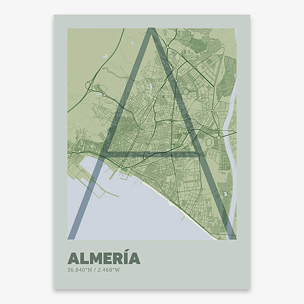 Poster of Almeria composed with letters in extra light font printed on two green tones