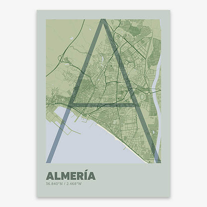 Poster of Almeria composed with letters in extra light font printed on two green tones
