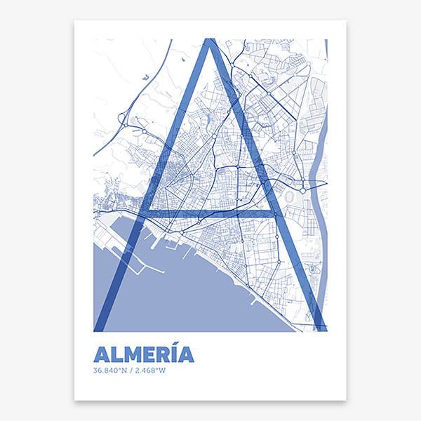 Poster of Almeria composed with letters in extra light font printed on navy blue and white