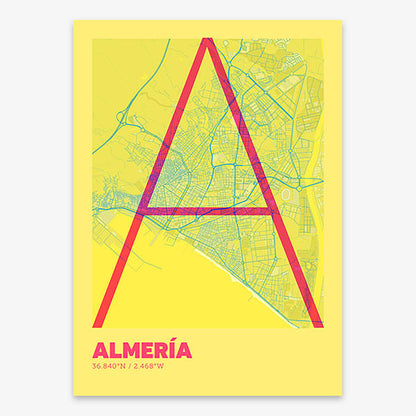 Poster of Almeria composed with letters in extra light font printed on yellow and fuchsia
