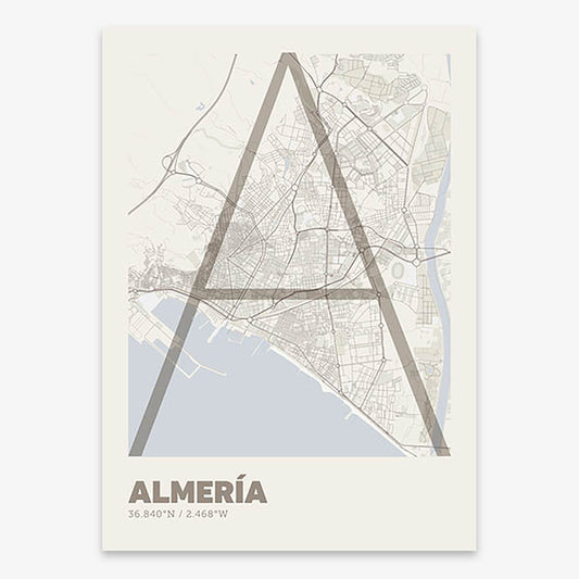 Poster of Almeria composed with letters in extra light font printed on light brown and an off-white background