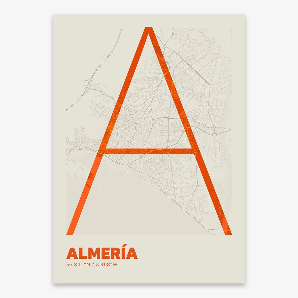 Poster of Almeria composed with letters in extra light font printed on orange and an off-white background