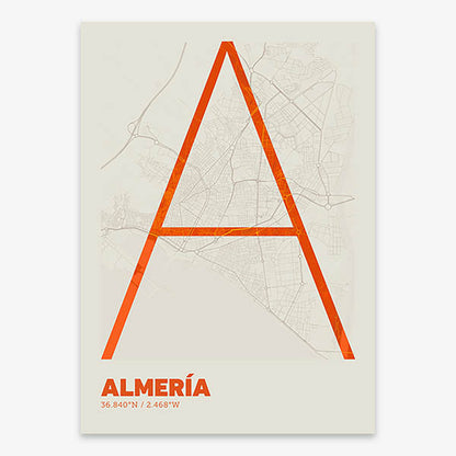 Poster of Almeria composed with letters in extra light font printed on orange and an off-white background