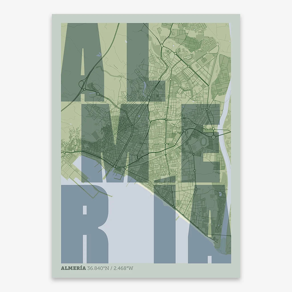 Decorative print of Almeria with letters of its name placed randomly, designed in two green tones