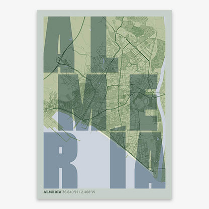 Decorative print of Almeria with letters of its name placed randomly, designed in two green tones