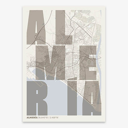 Decorative print of Almeria with letters of its name placed randomly, designed in light brown and an off-white background