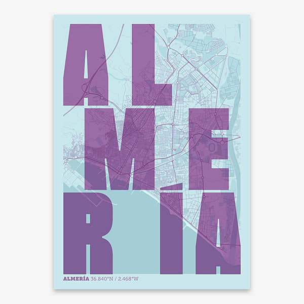 Decorative print of Almeria with letters of its name placed randomly, designed in purple and light blue