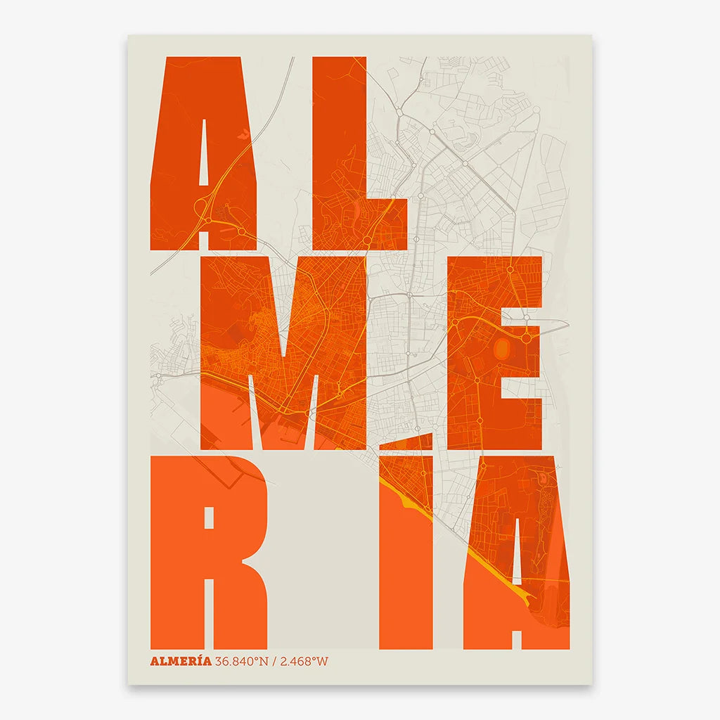 Decorative print of Almeria with letters of its name placed randomly, designed in orange and an off-white background