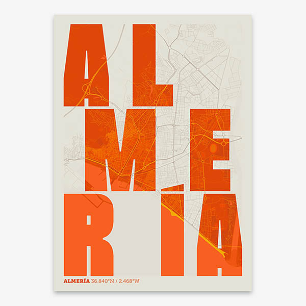 Decorative print of Almeria with letters of its name placed randomly, designed in orange and an off-white background
