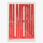 Decorative map of Almeria and letters of its name in a giclée print designed in red and an off-white background