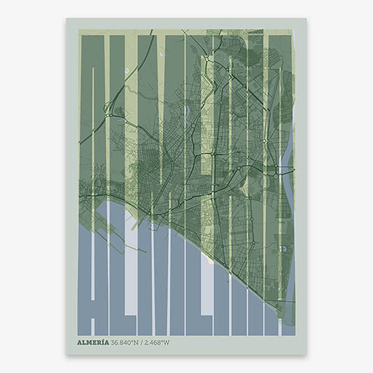 Decorative map of Almeria and letters of its name in a giclée print designed in two green tones