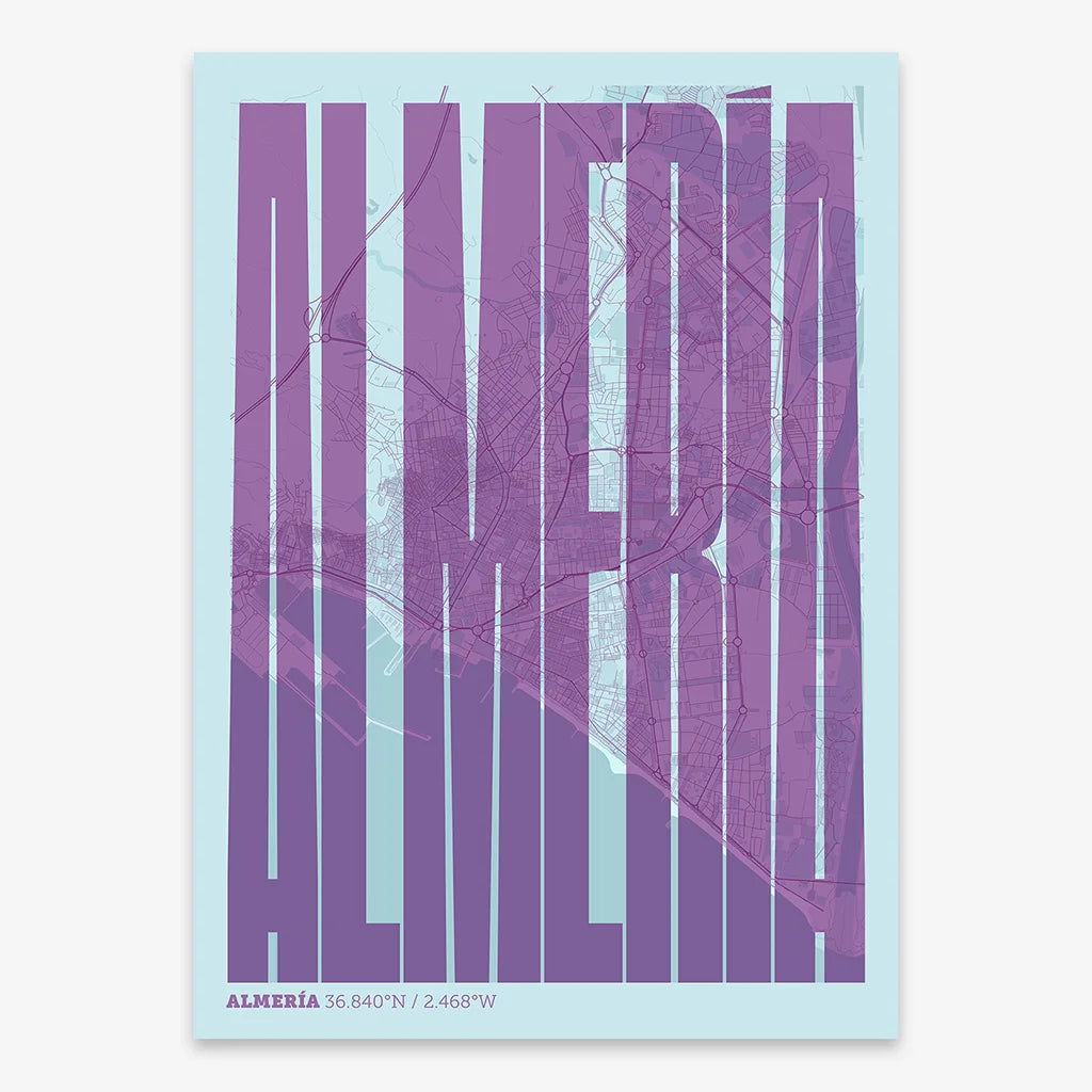 Decorative map of Almeria and letters of its name in a giclée print designed in purple and light blue