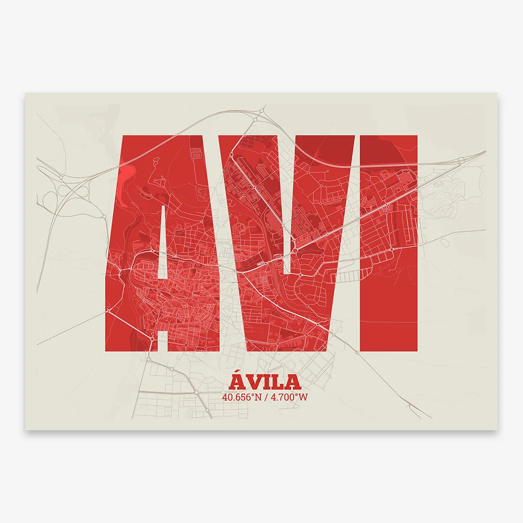 Decorative print of  composed with letters in a heavy geometric font printed on red and an off-white background