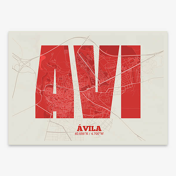 Decorative print of  composed with letters in a heavy geometric font printed on red and an off-white background