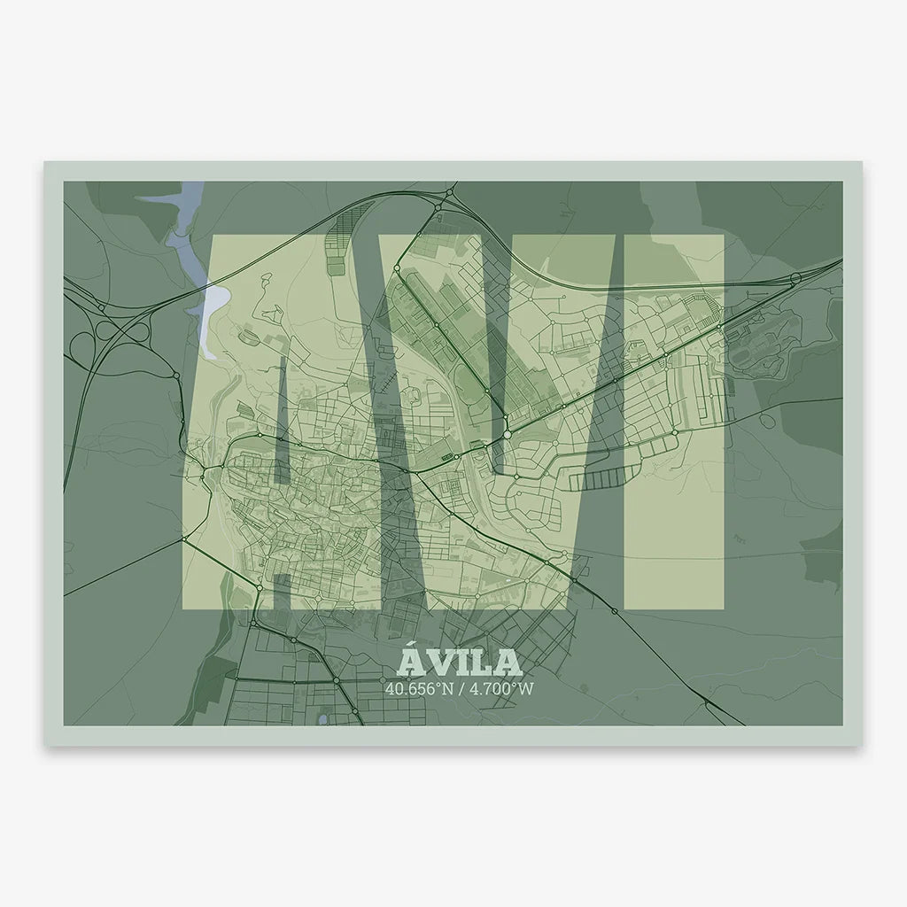 Decorative print of  composed with letters in a heavy geometric font printed on two green tones