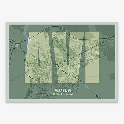 Decorative print of  composed with letters in a heavy geometric font printed on two green tones