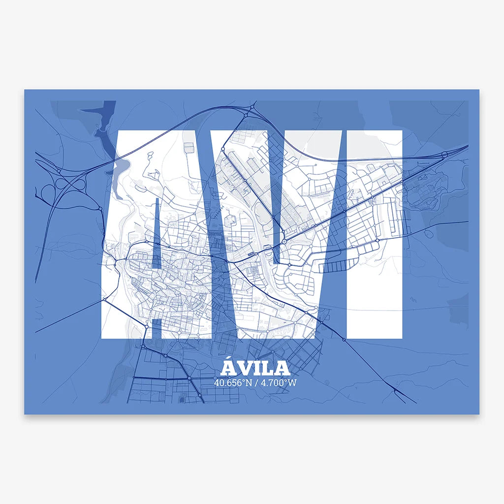 Decorative print of  composed with letters in a heavy geometric font printed on navy blue and white