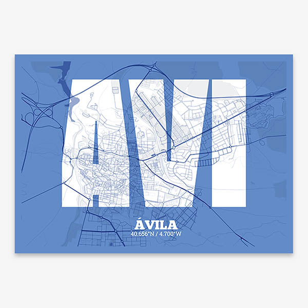 Decorative print of  composed with letters in a heavy geometric font printed on navy blue and white