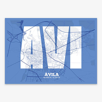 Decorative print of  composed with letters in a heavy geometric font printed on navy blue and white