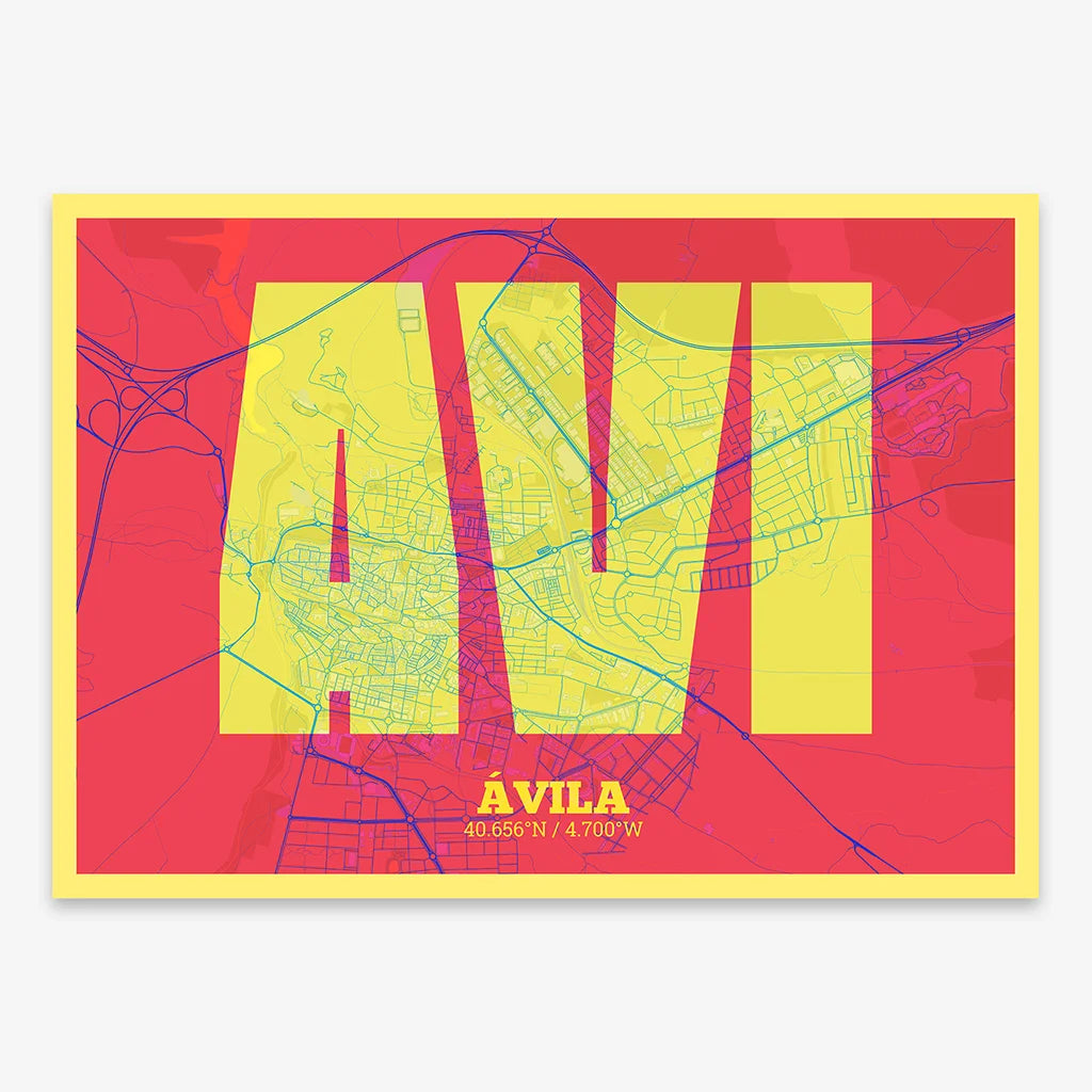 Decorative print of  composed with letters in a heavy geometric font printed on yellow and fuchsia