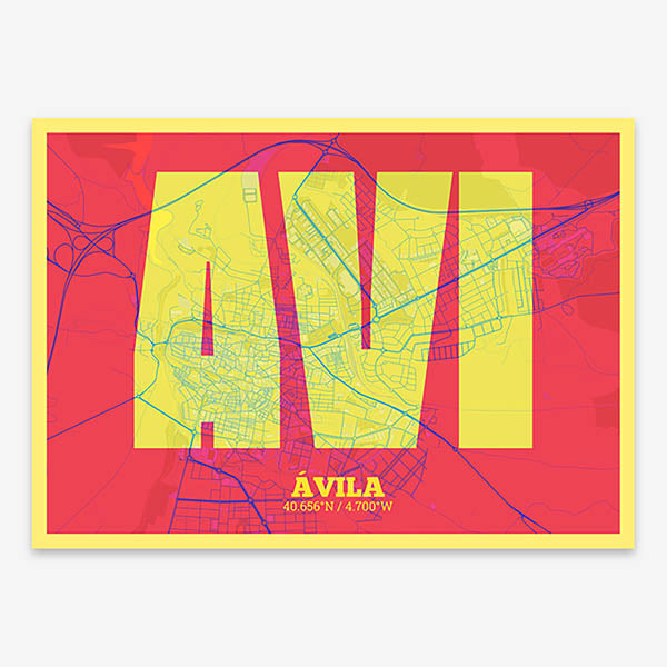 Decorative print of  composed with letters in a heavy geometric font printed on yellow and fuchsia
