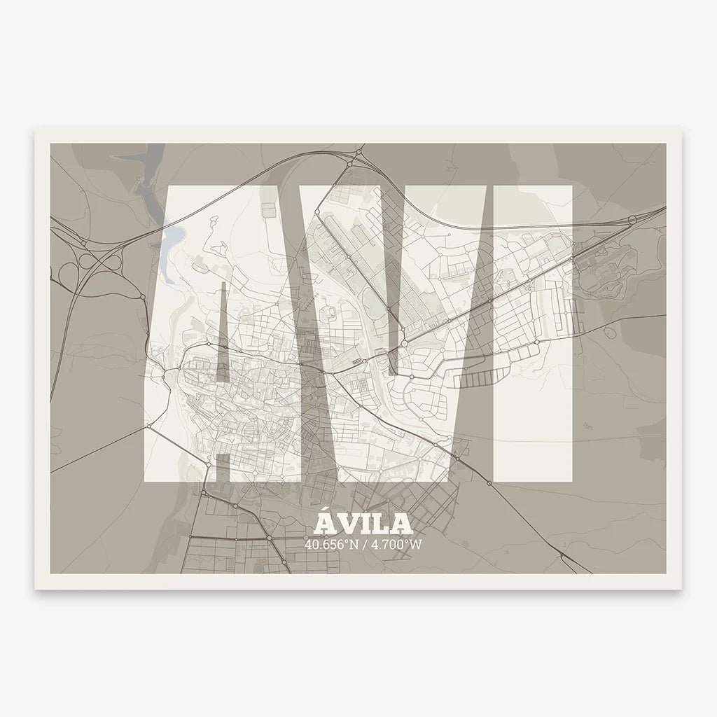 Decorative print of  composed with letters in a heavy geometric font printed on light brown and an off-white background